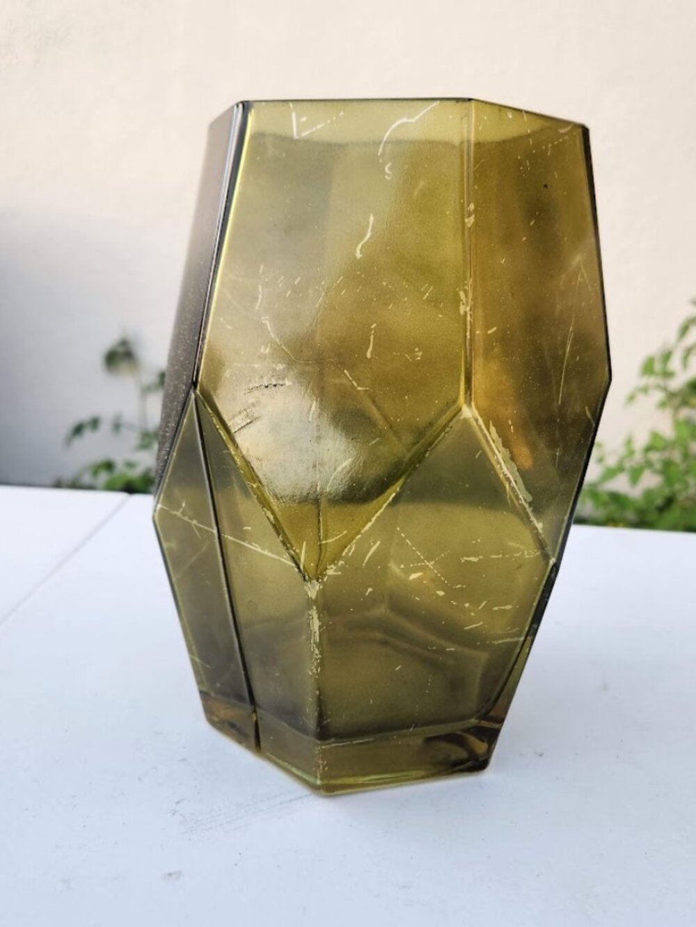 Beautiful Vintage Green Hexagon Vase Terrarium Decor Mid Century Modern Glass Ru